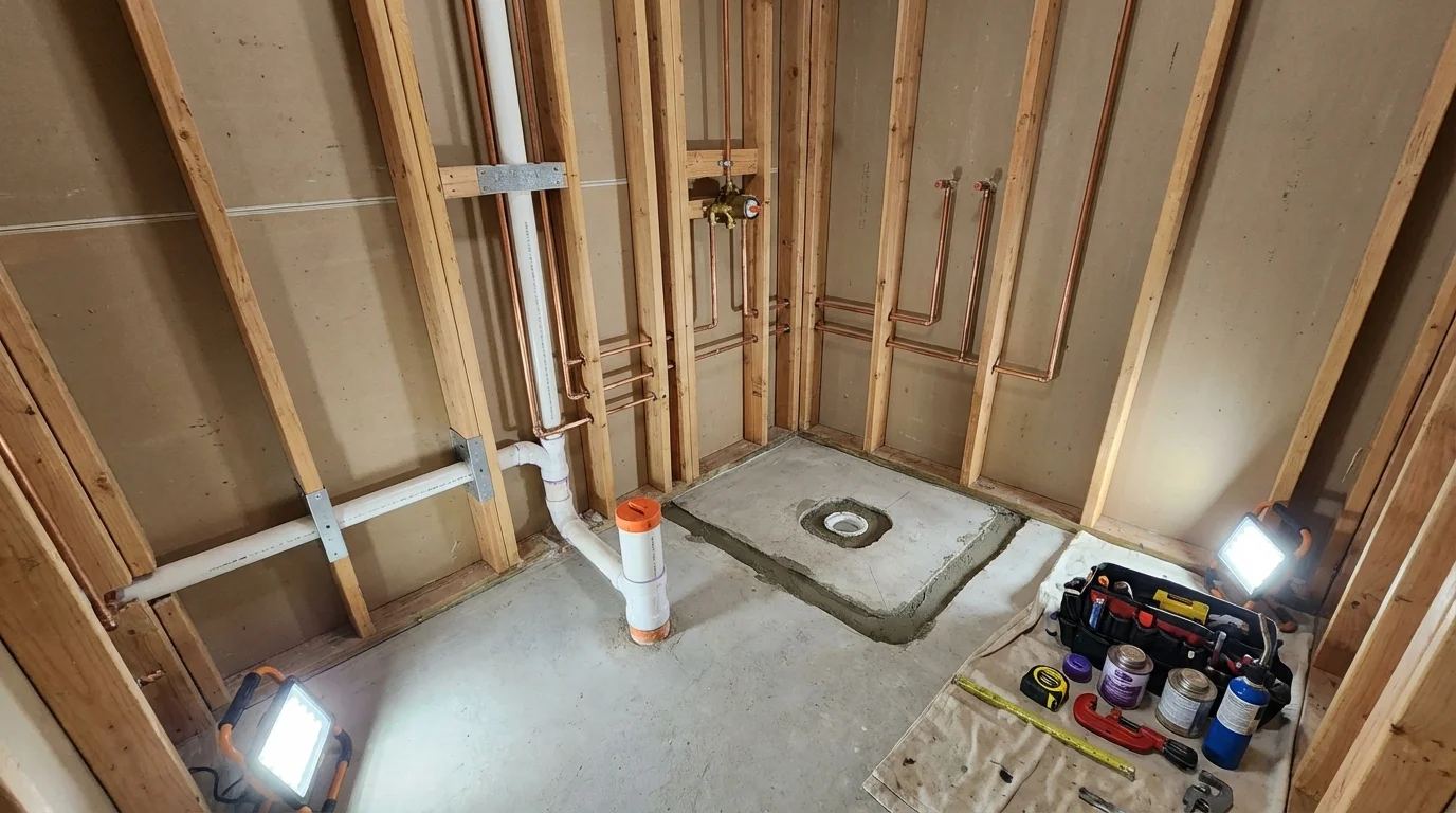 Bathroom rough-in plumbing during remodel by Johns Plumbing LLC in Bajadero
