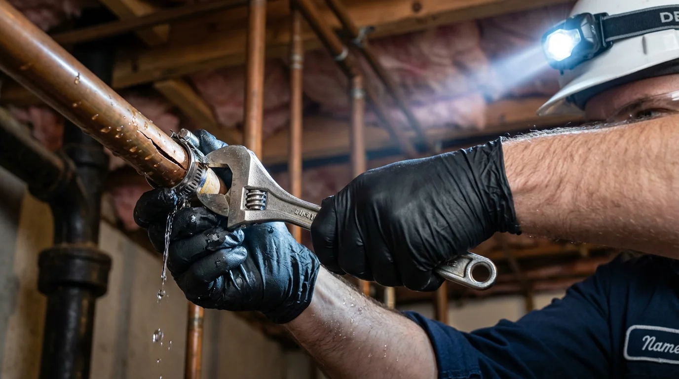 Emergency pipe clamp repair being performed by a Johns Plumbing LLC plumber in Bajadero