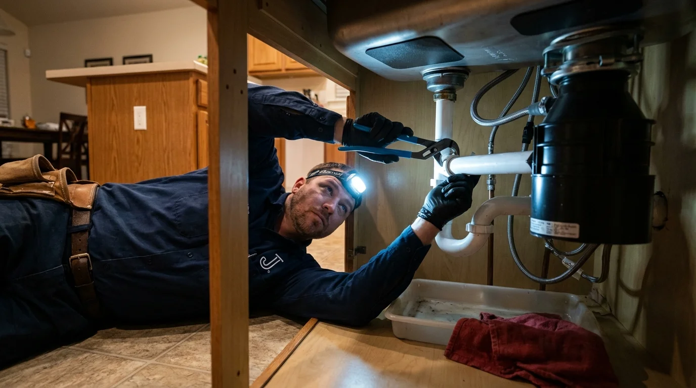 P-trap and supply line connections under a kitchen sink showing a common leak point in Bajadero, PR